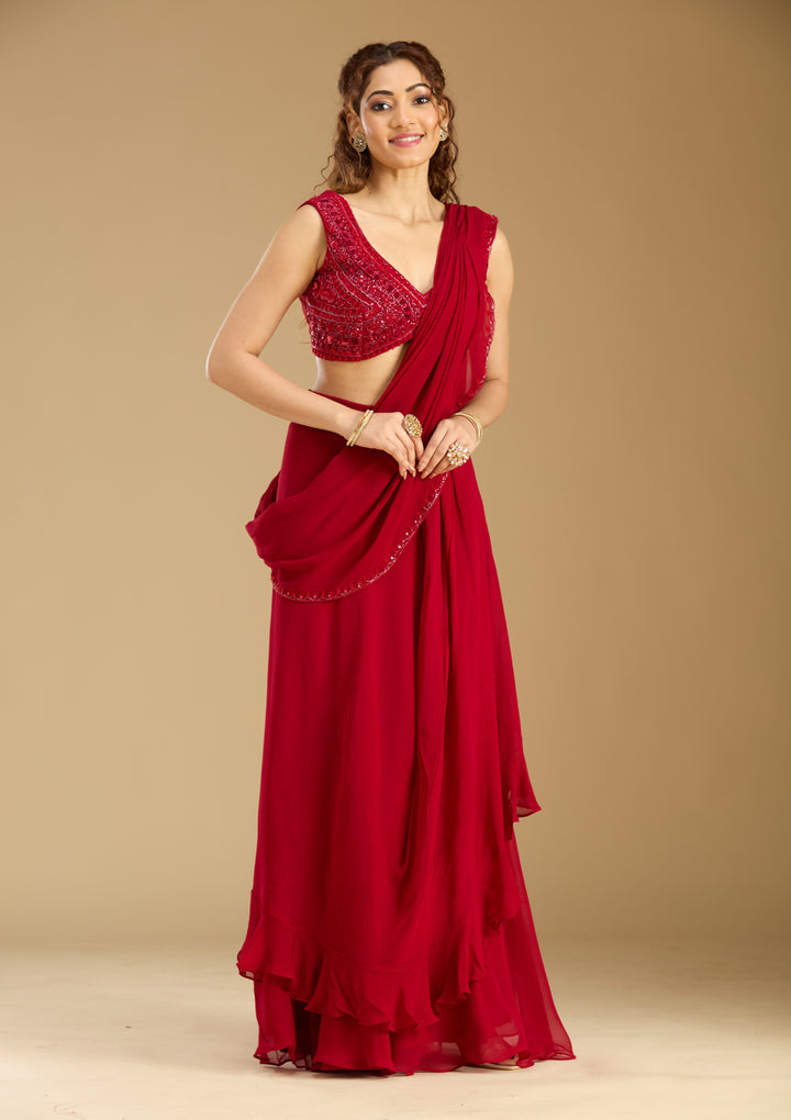 Red Georgette Cutdana Saree With Matching Blouse Piece