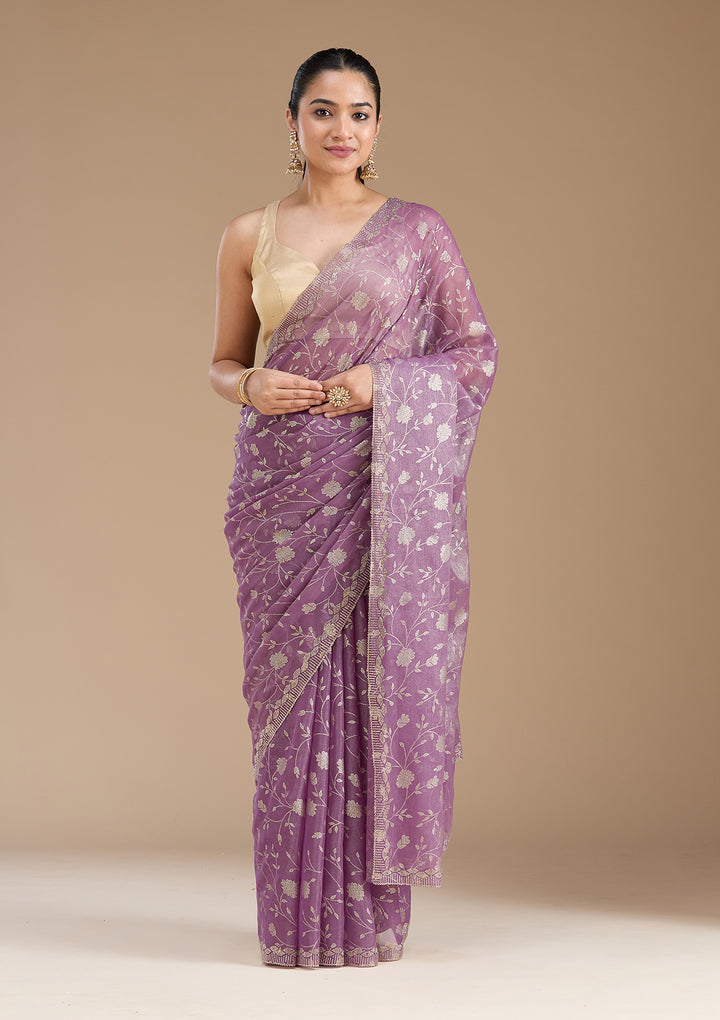 Dark Lavender Tissue Floral Badla Saree With Matching Blouse Piece