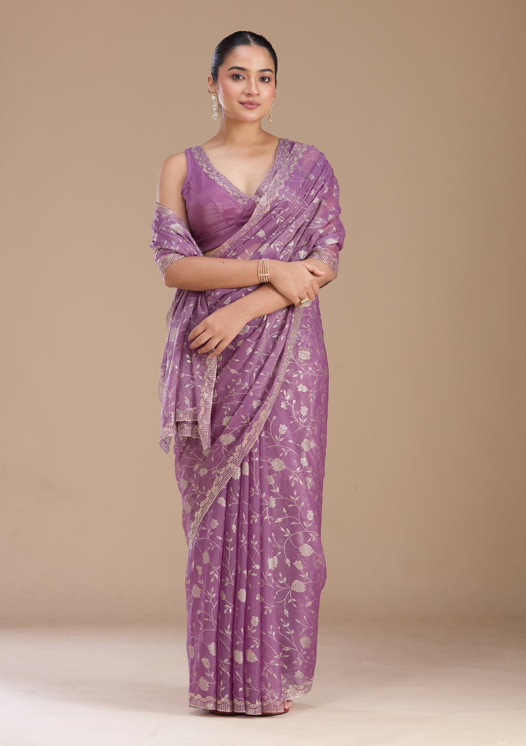 Dark Lavender Tissue Floral Badla Saree With Matching Blouse Piece