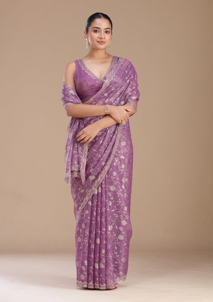 Dark Lavender Tissue Floral Badla Saree With Matching Blouse Piece