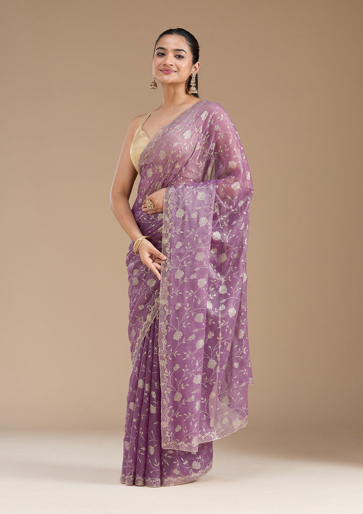 Dark Lavender Tissue Floral Badla Saree With Matching Blouse Piece