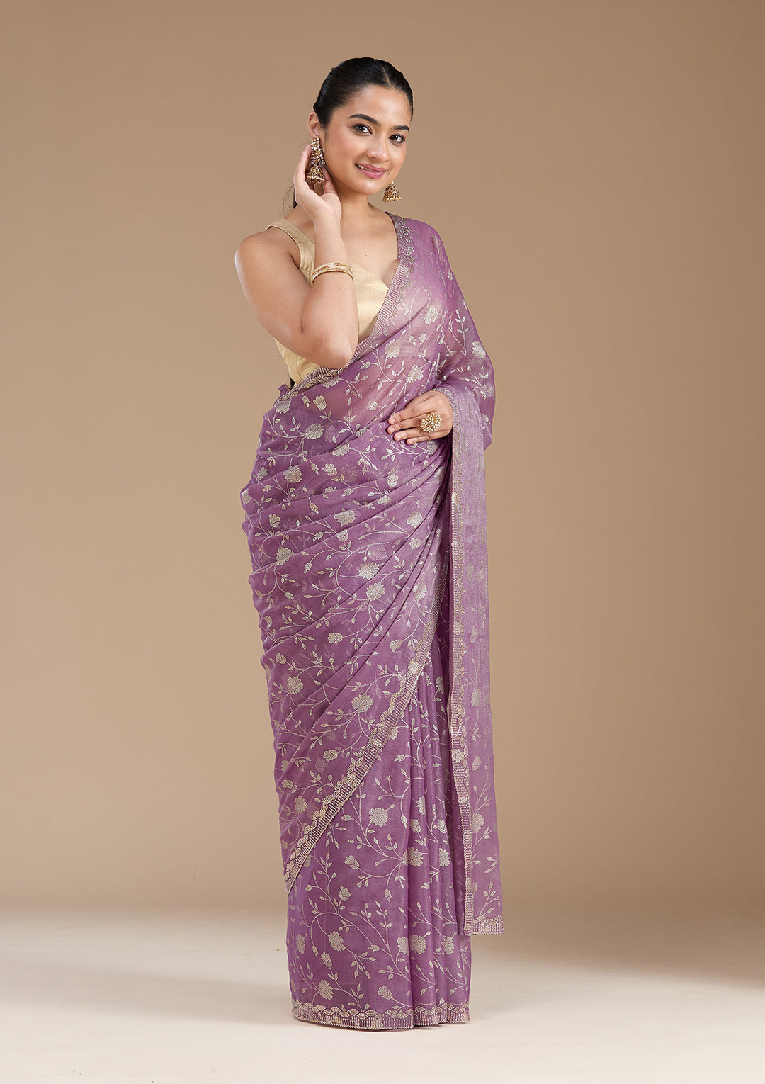 Dark Lavender Tissue Floral Badla Saree With Matching Blouse Piece