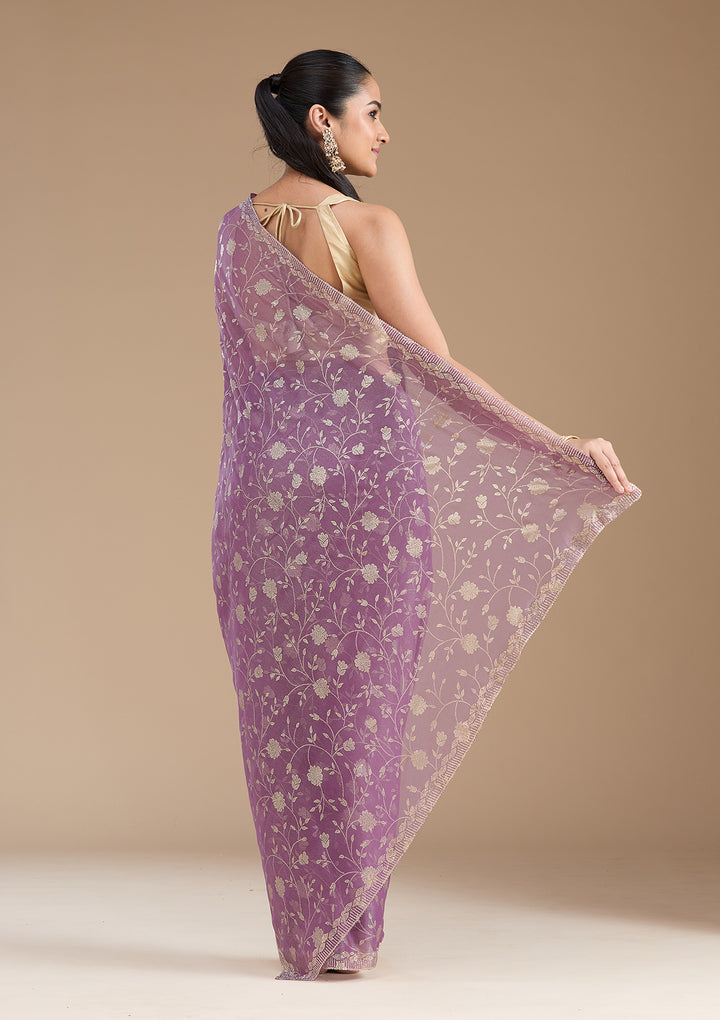 Dark Lavender Tissue Floral Badla Saree With Matching Blouse Piece