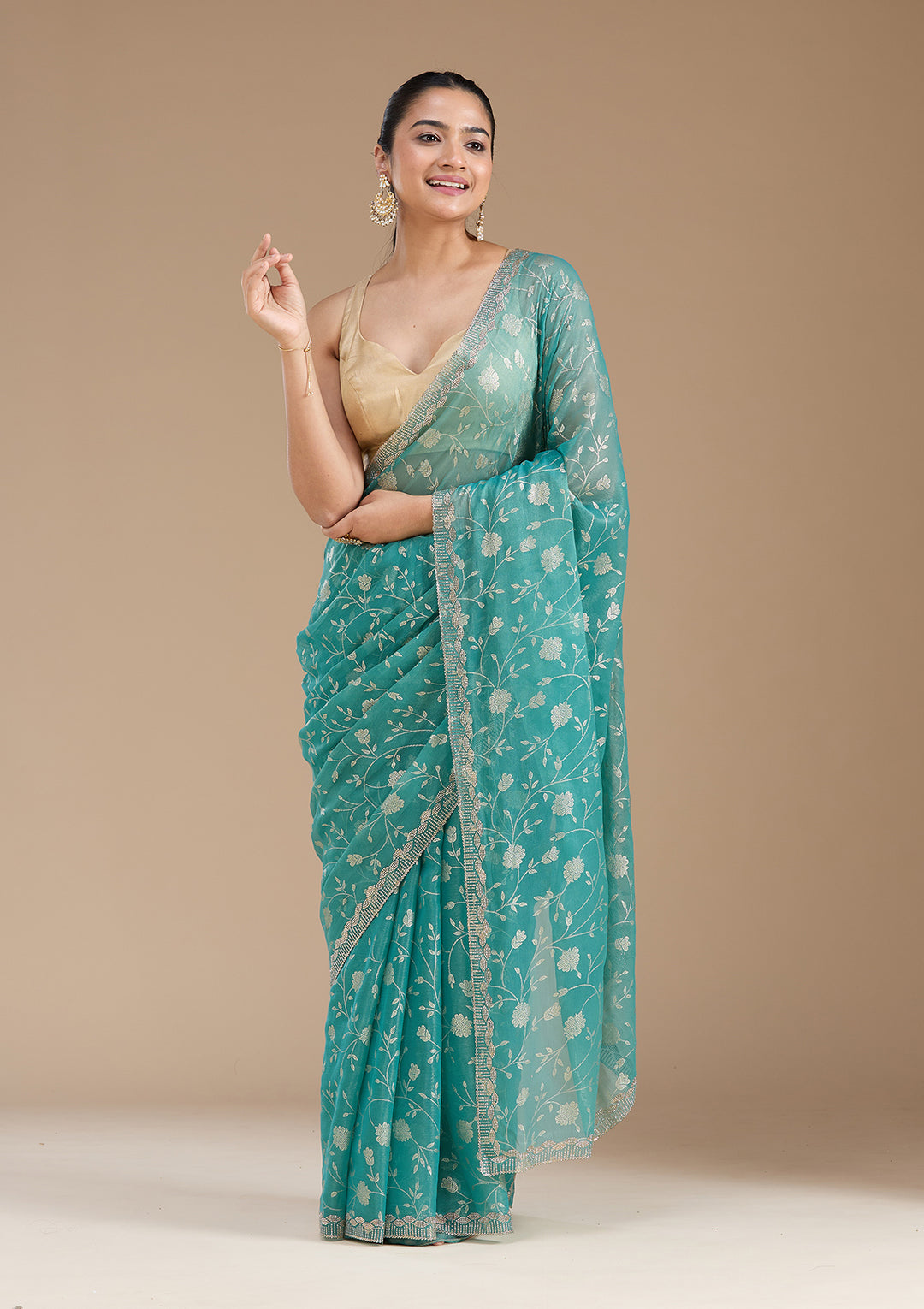 Sea Green Tissue Floral Badla Saree With Matching Blouse Piece