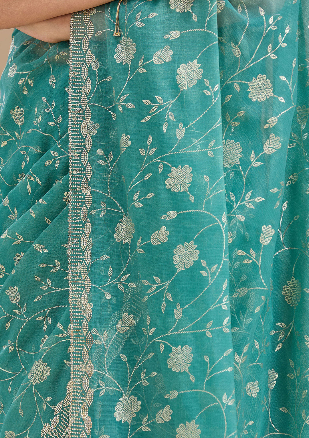 Sea Green Tissue Floral Badla Saree With Matching Blouse Piece