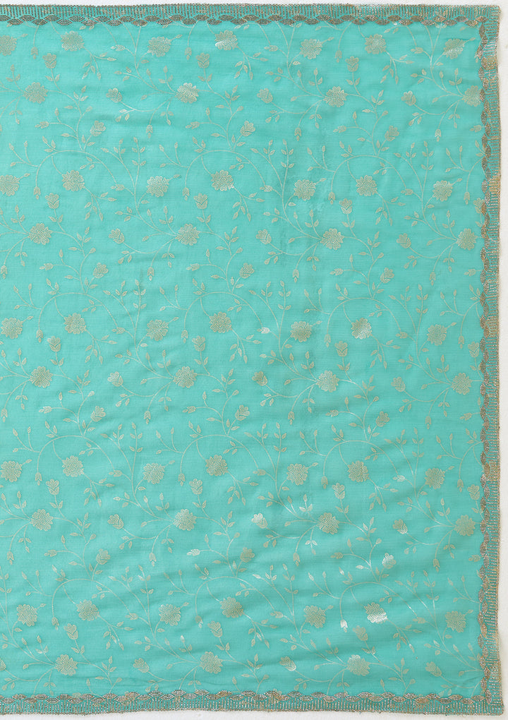 Sea Green Tissue Floral Badla Saree With Matching Blouse Piece