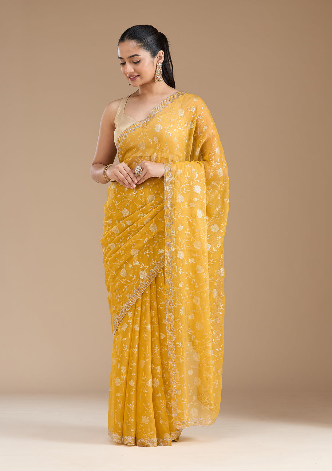 Yellow Tissue Floral Badla Saree With Matching Blouse Piece