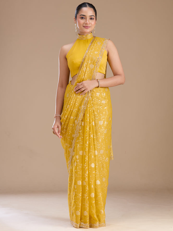 Yellow Tissue Floral Badla Saree With Matching Blouse Piece