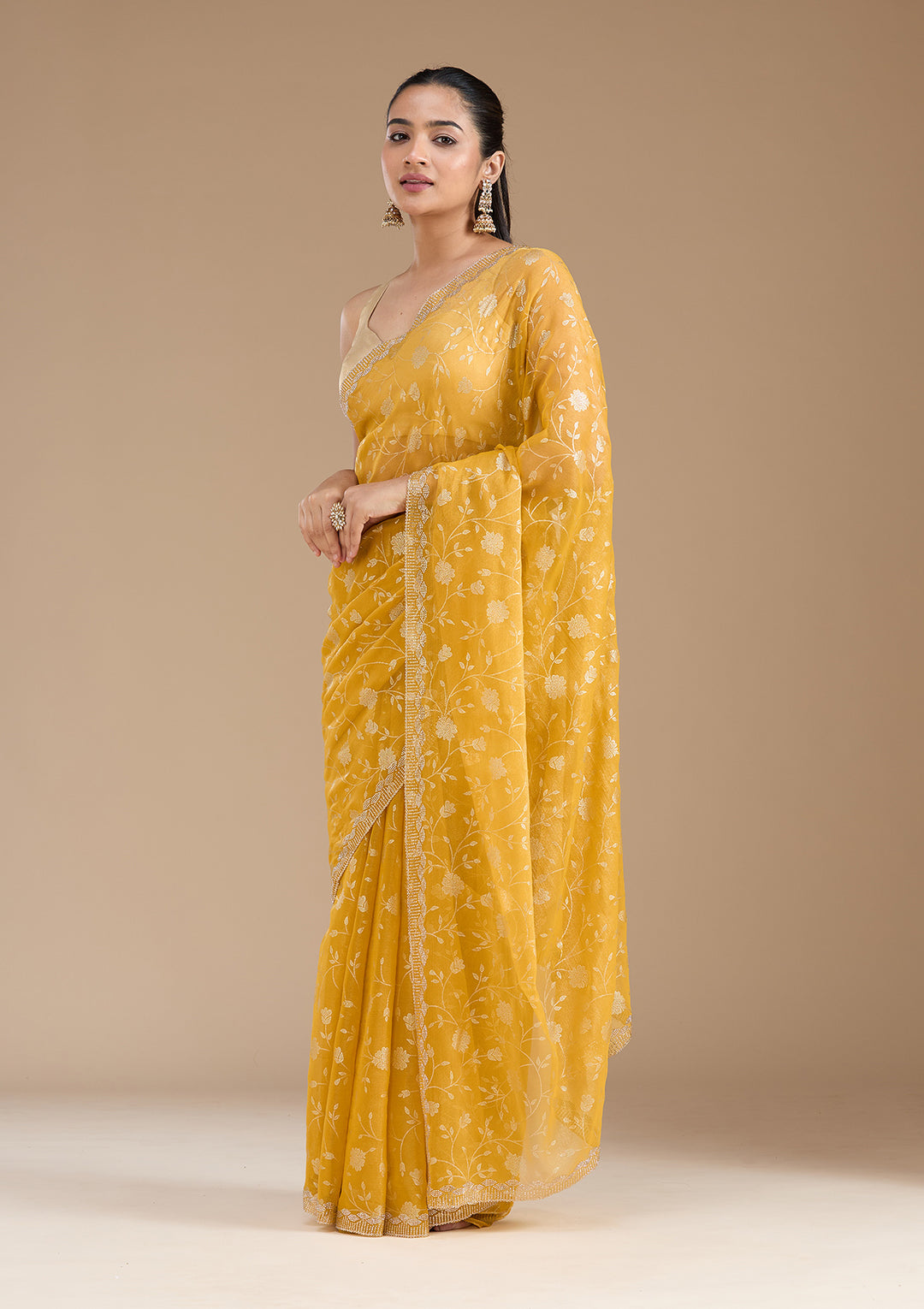 Yellow Tissue Floral Badla Saree With Matching Blouse Piece