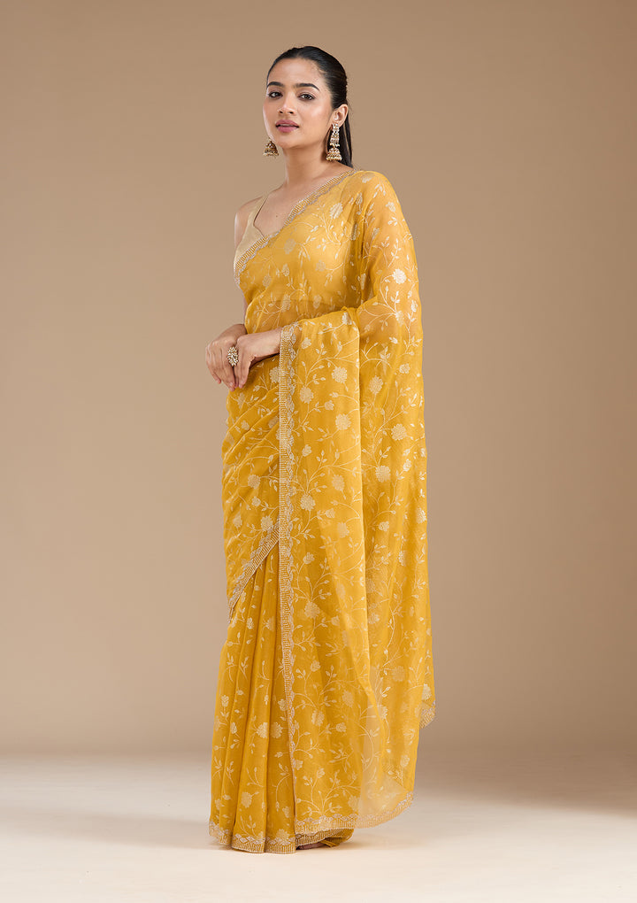 Yellow Tissue Floral Badla Saree With Matching Blouse Piece