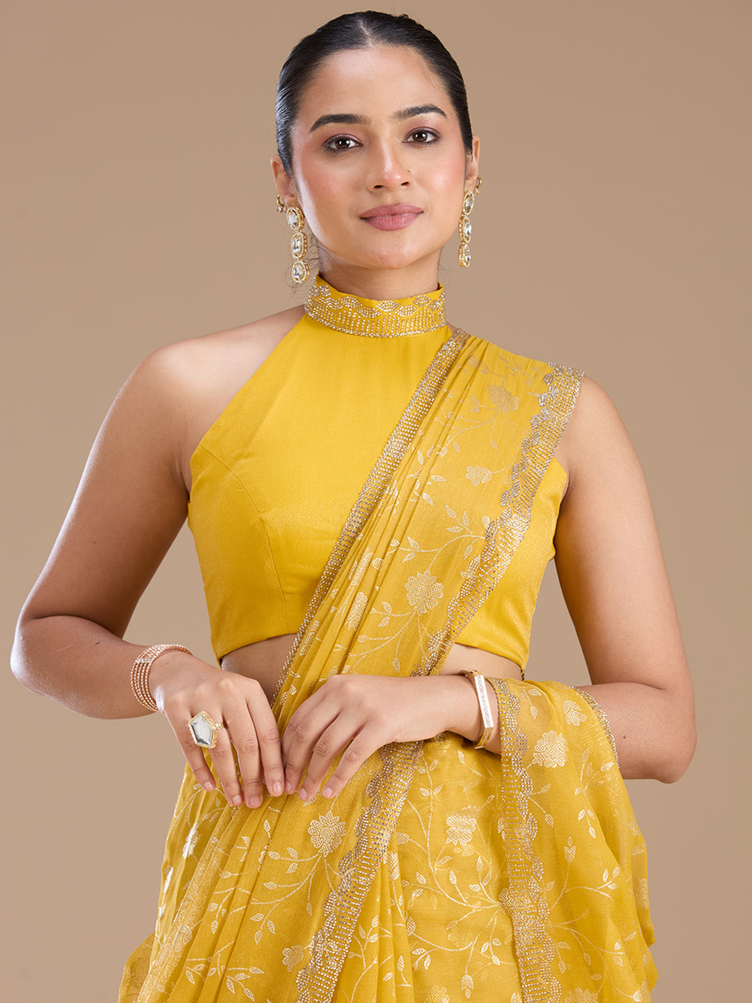 Yellow Tissue Floral Badla Saree With Matching Blouse Piece