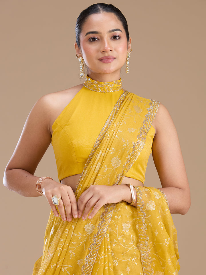 Yellow Tissue Floral Badla Saree With Matching Blouse Piece