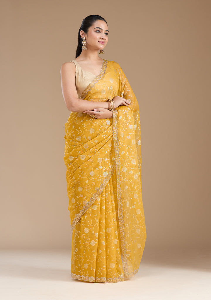 Yellow Tissue Floral Badla Saree With Matching Blouse Piece