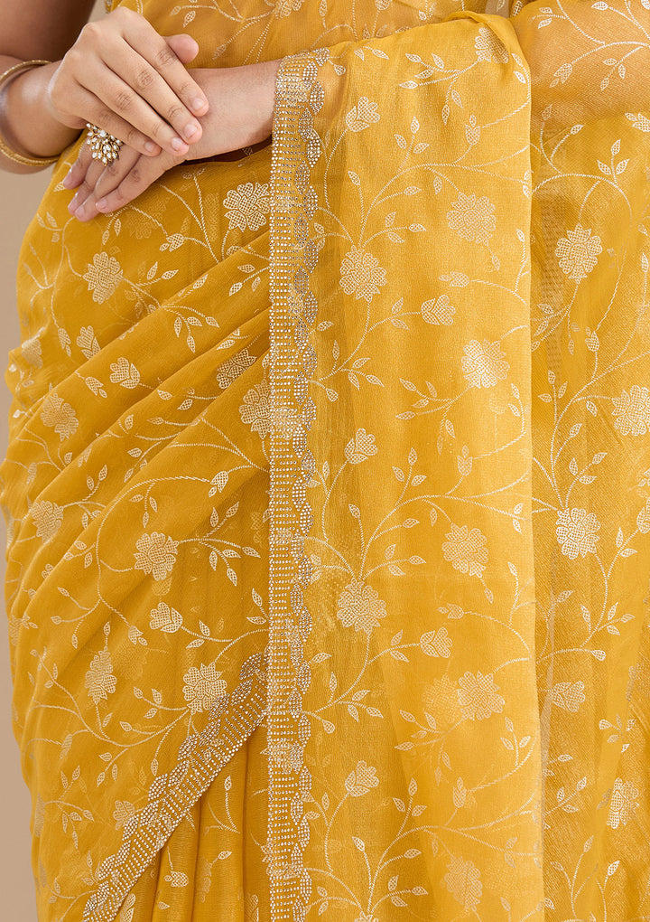 Yellow Tissue Floral Badla Saree With Matching Blouse Piece