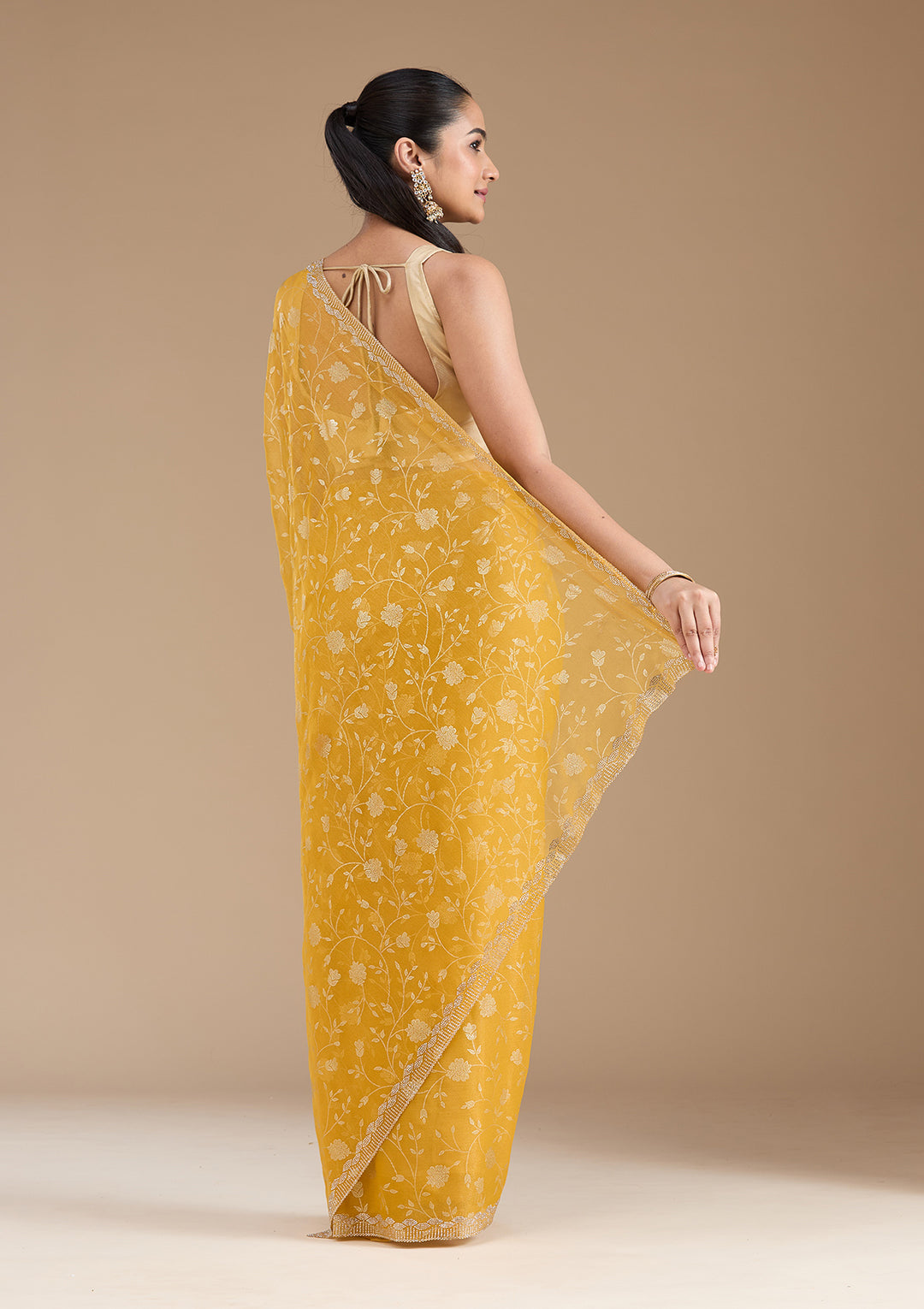 Yellow Tissue Floral Badla Saree With Matching Blouse Piece