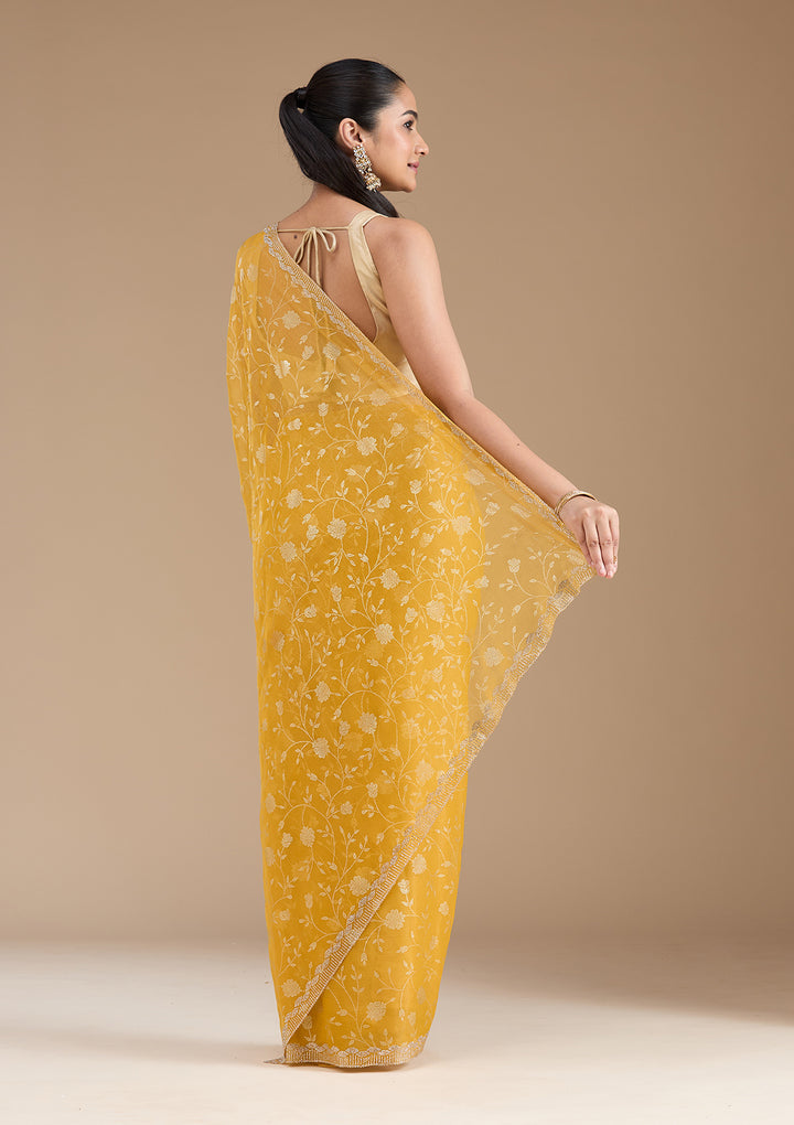 Yellow Tissue Floral Badla Saree With Matching Blouse Piece
