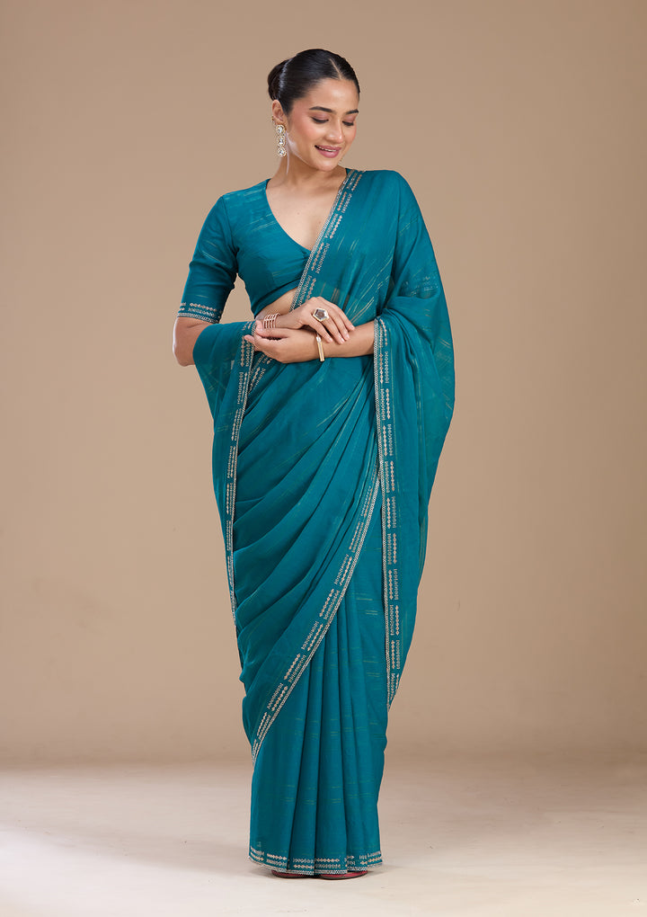 Peacock Blue Chiffon Gold Stonework Saree With Matching Blouse Piece