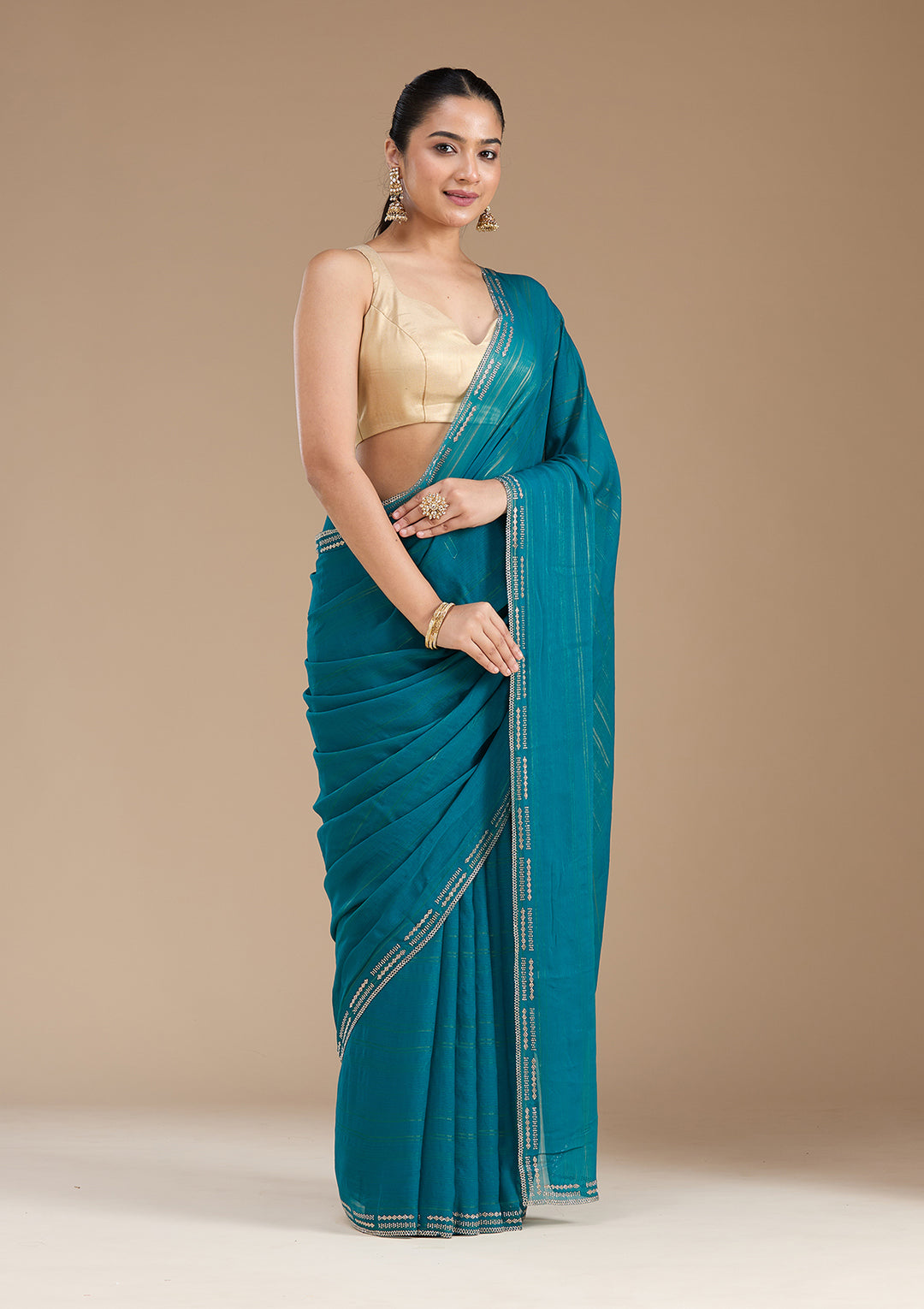 Peacock Blue Chiffon Gold Stonework Saree With Matching Blouse Piece