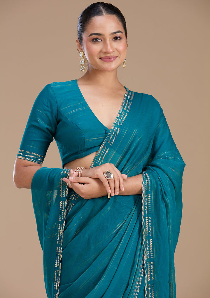 Peacock Blue Chiffon Gold Stonework Saree With Matching Blouse Piece