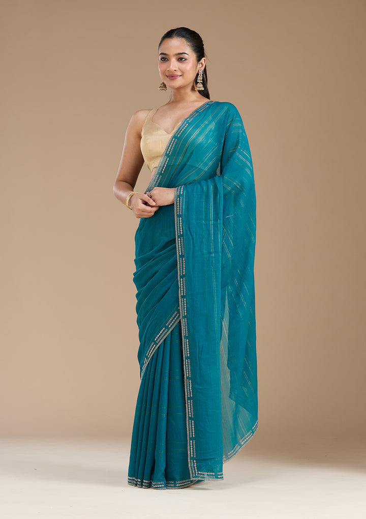 Peacock Blue Chiffon Gold Stonework Saree With Matching Blouse Piece