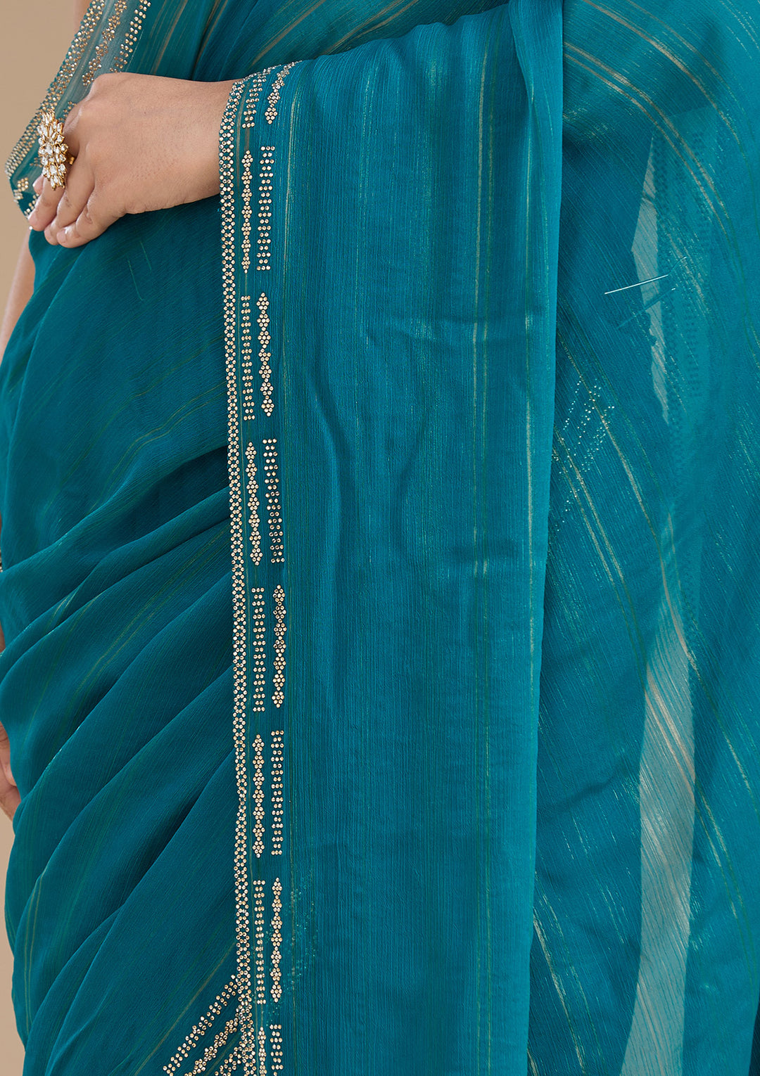 Peacock Blue Chiffon Gold Stonework Saree With Matching Blouse Piece