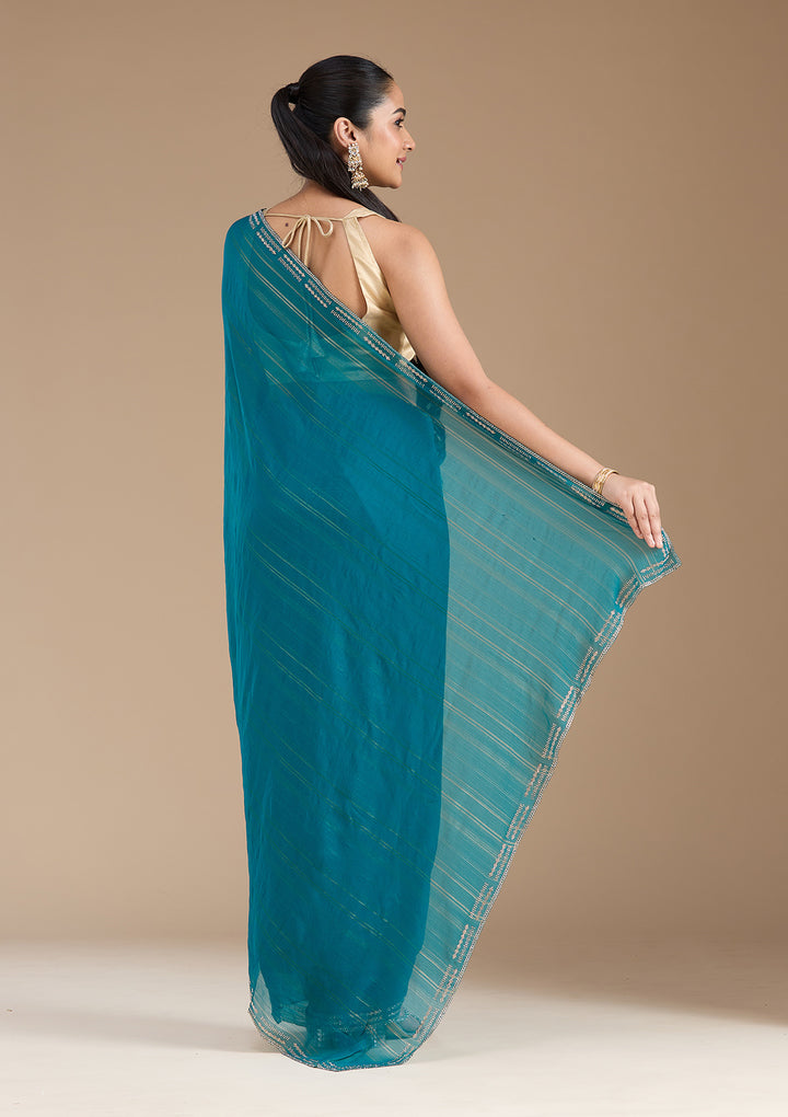 Peacock Blue Chiffon Gold Stonework Saree With Matching Blouse Piece