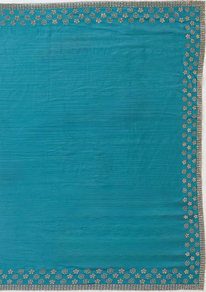 Peacock Blue Chiffon Gold Stonework Saree With Matching Blouse Piece