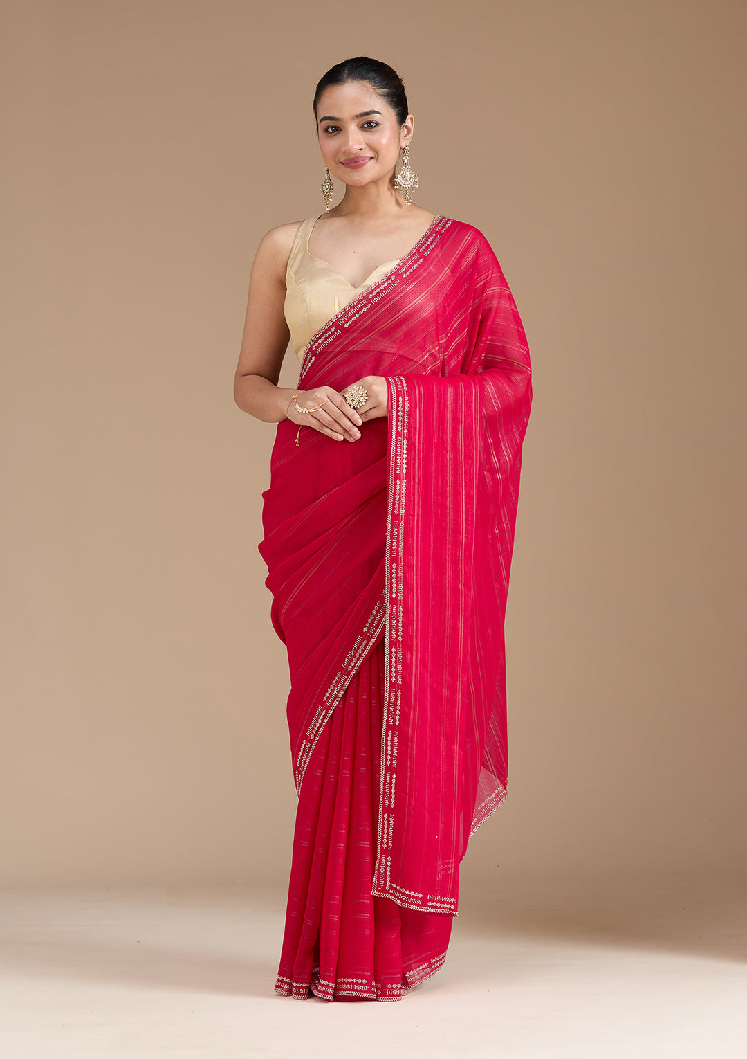 Rani Pink Chiffon Gold Stonework Saree With Matching Blouse Piece