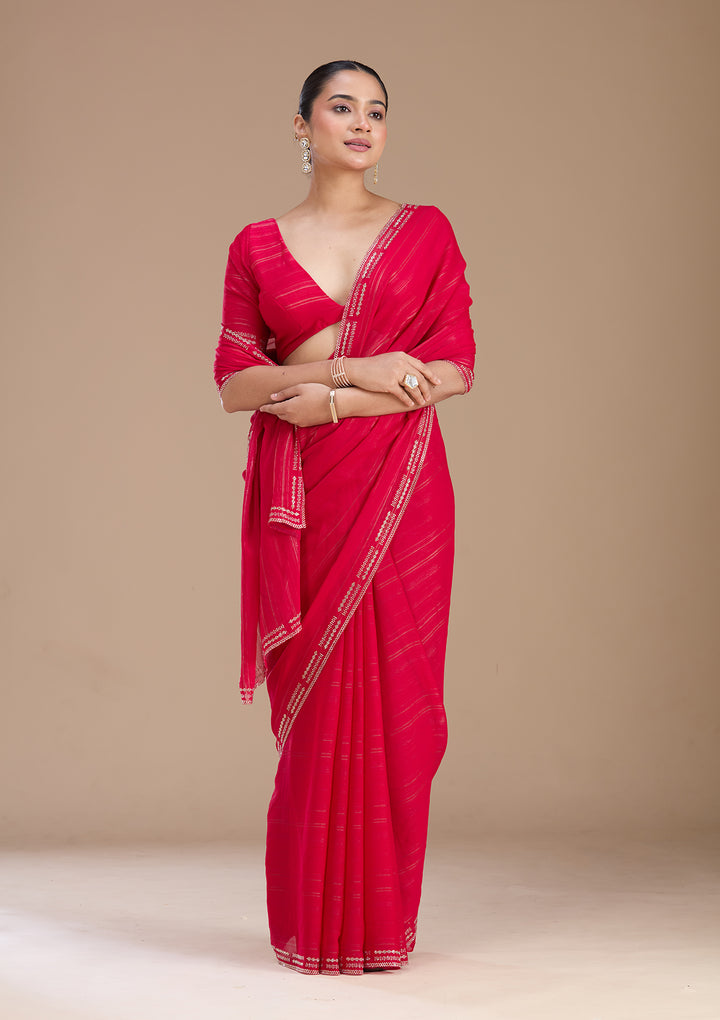 Rani Pink Chiffon Gold Stonework Saree With Matching Blouse Piece