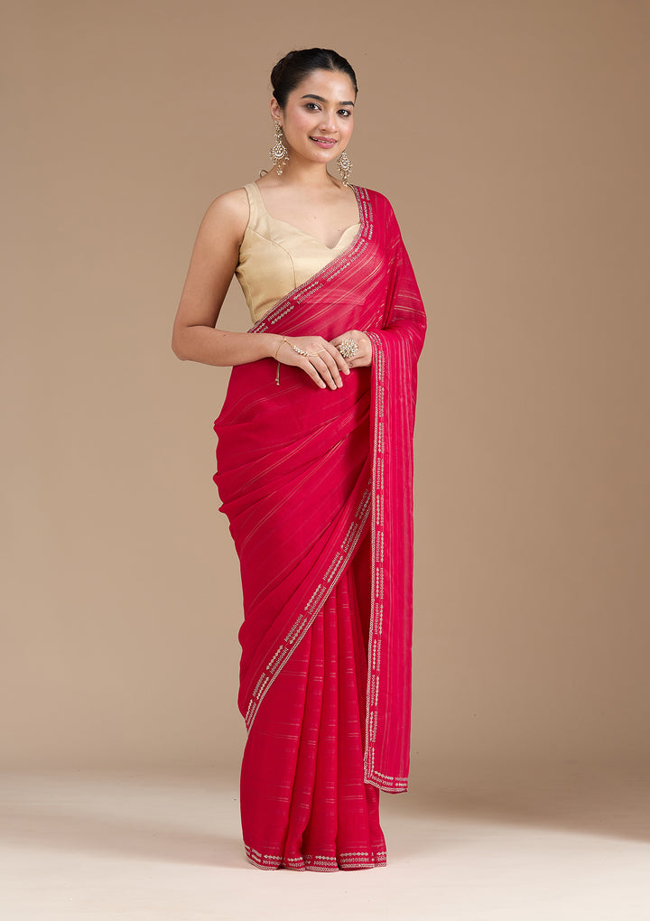 Rani Pink Chiffon Gold Stonework Saree With Matching Blouse Piece