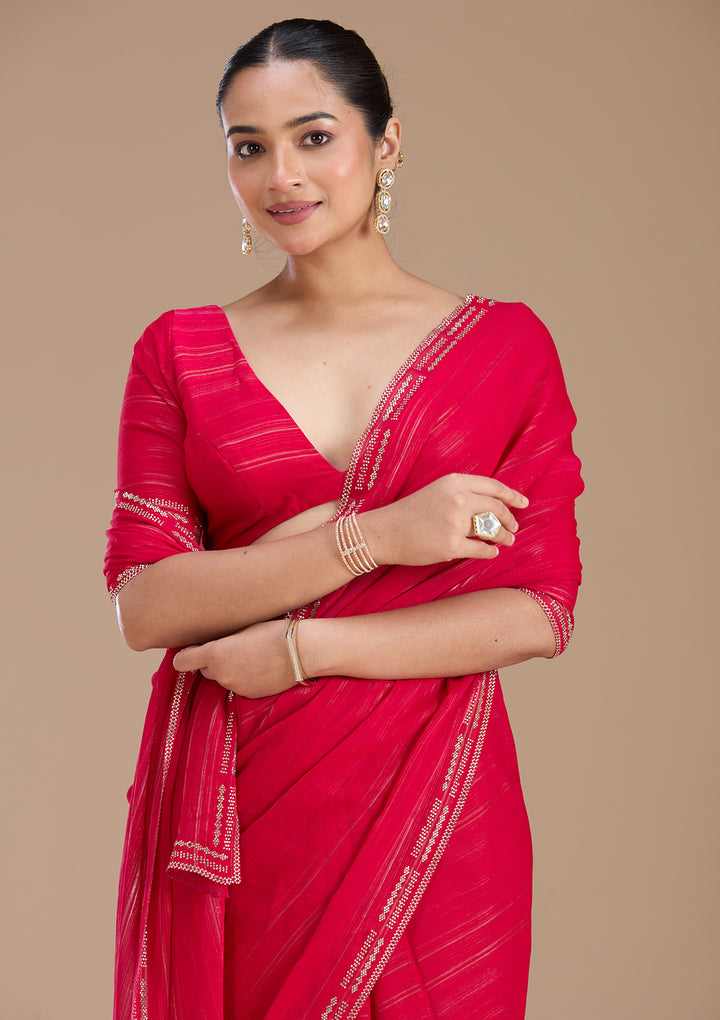 Rani Pink Chiffon Gold Stonework Saree With Matching Blouse Piece