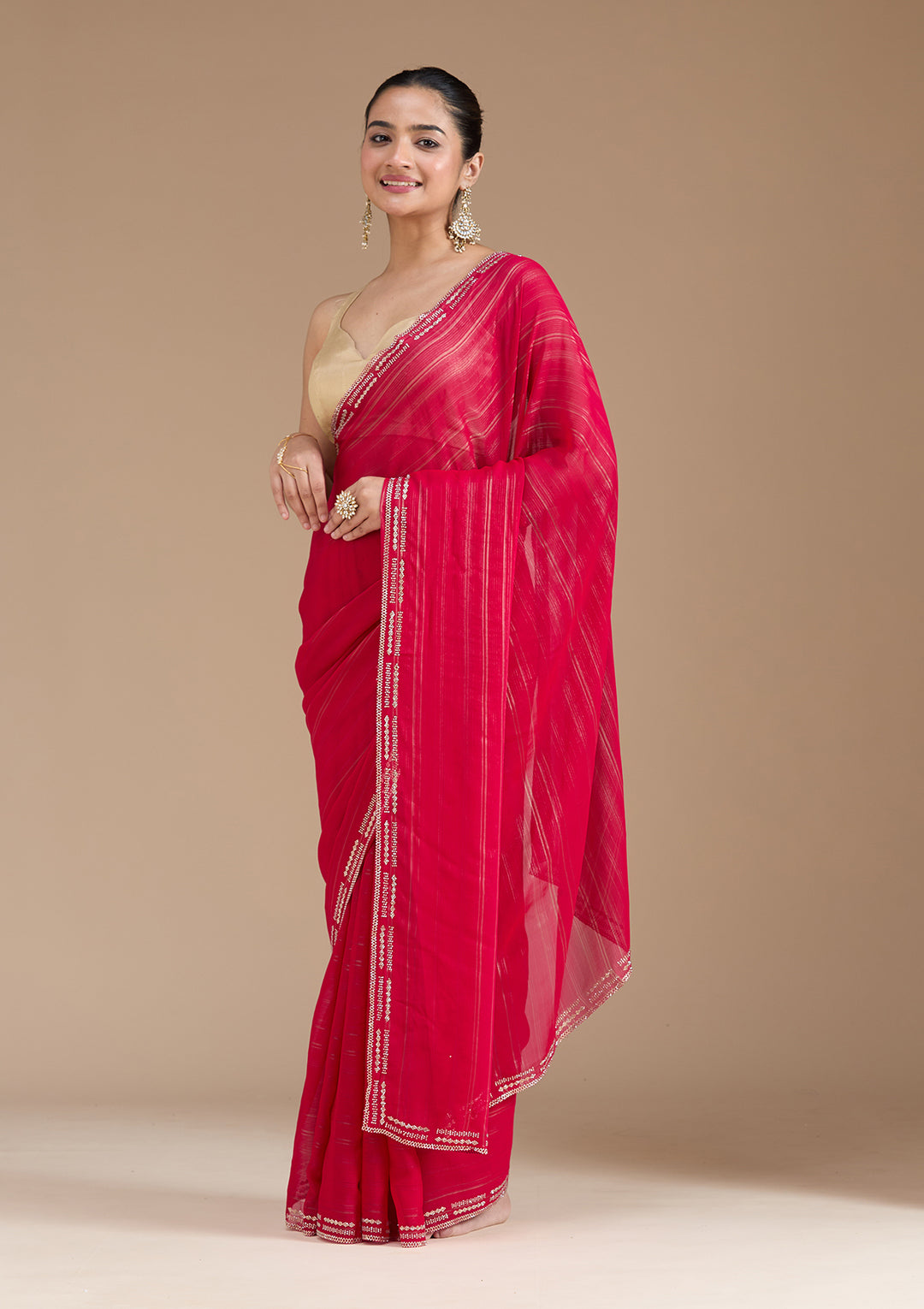 Rani Pink Chiffon Gold Stonework Saree With Matching Blouse Piece