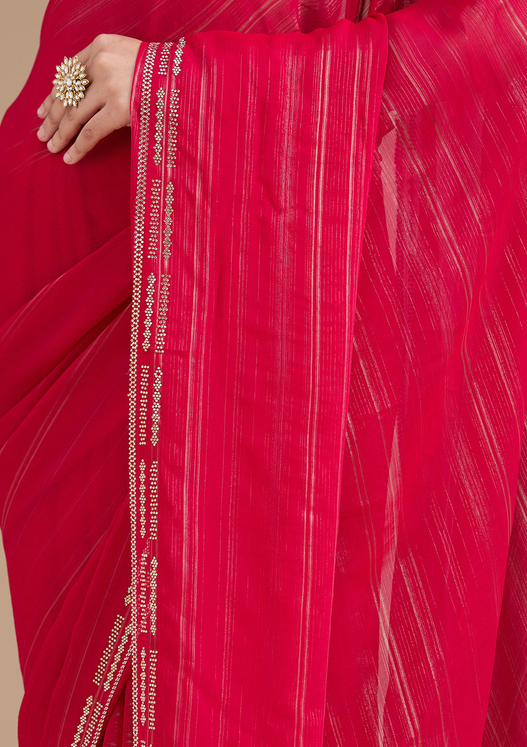 Rani Pink Chiffon Gold Stonework Saree With Matching Blouse Piece