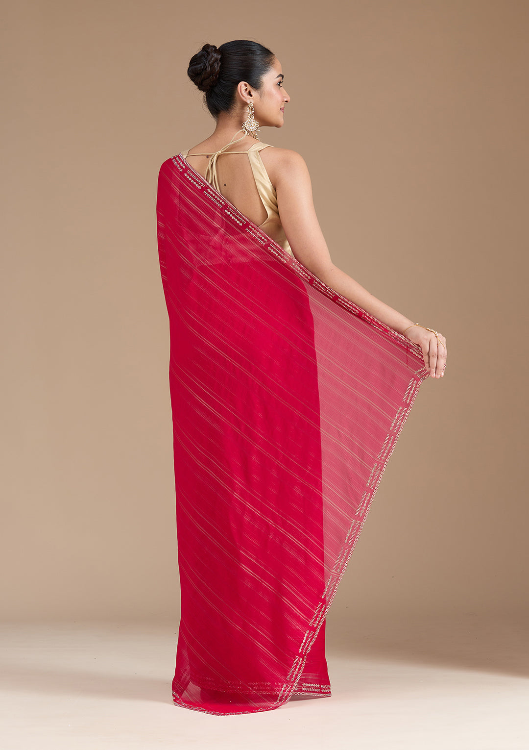 Rani Pink Chiffon Gold Stonework Saree With Matching Blouse Piece