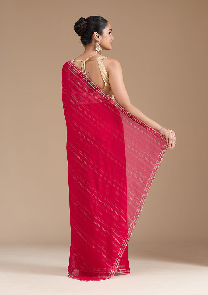 Rani Pink Chiffon Gold Stonework Saree With Matching Blouse Piece