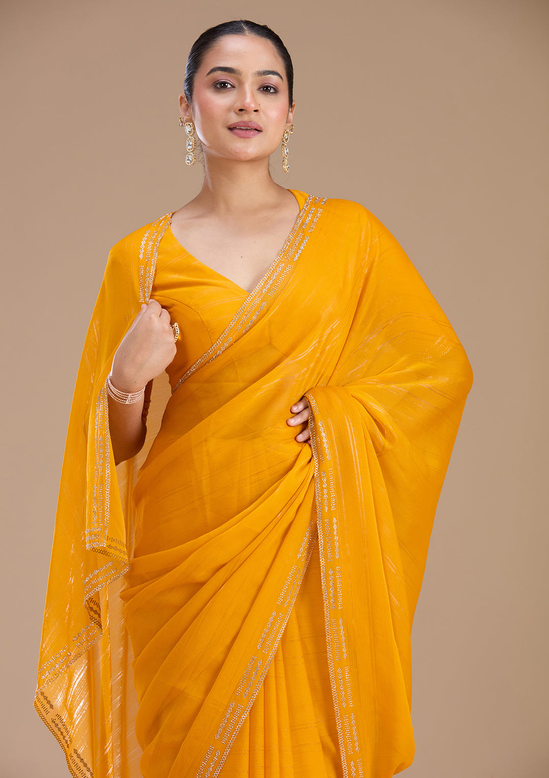 Yellow Stonework (Gold) Chiffon Saree