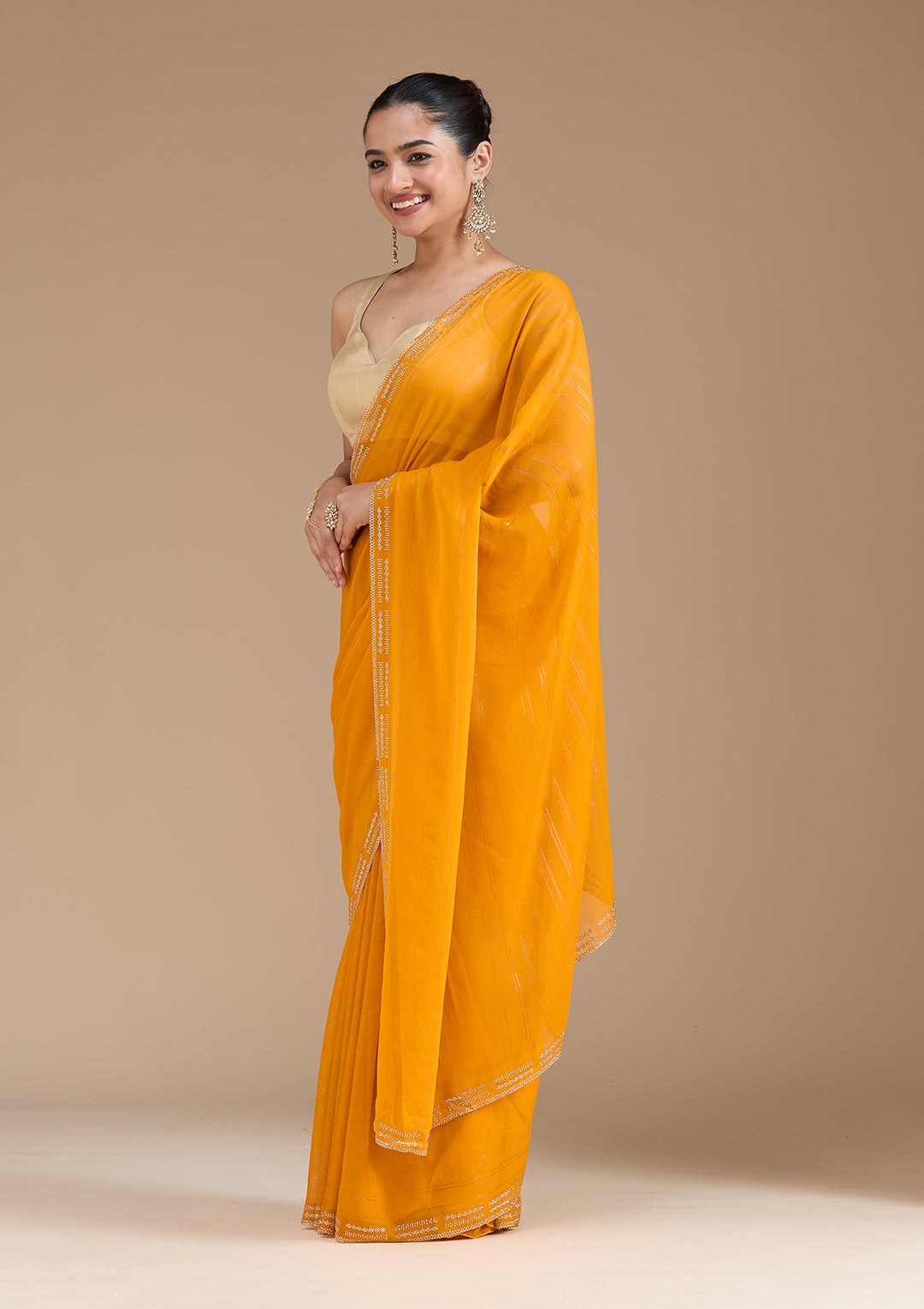 Yellow Stonework (Gold) Chiffon Saree