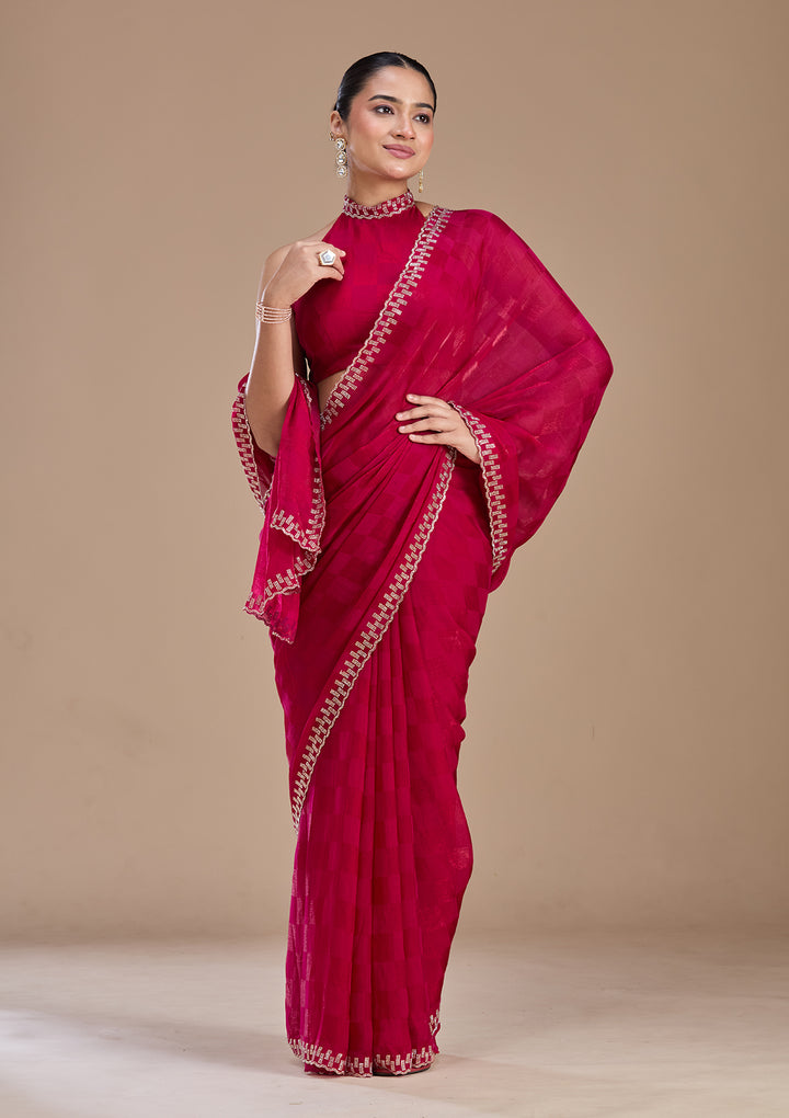 Magenta Pink Tissue Gold Stonework Saree With Matching Blouse Piece