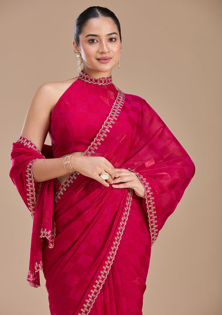 Magenta Pink Tissue Gold Stonework Saree With Matching Blouse Piece