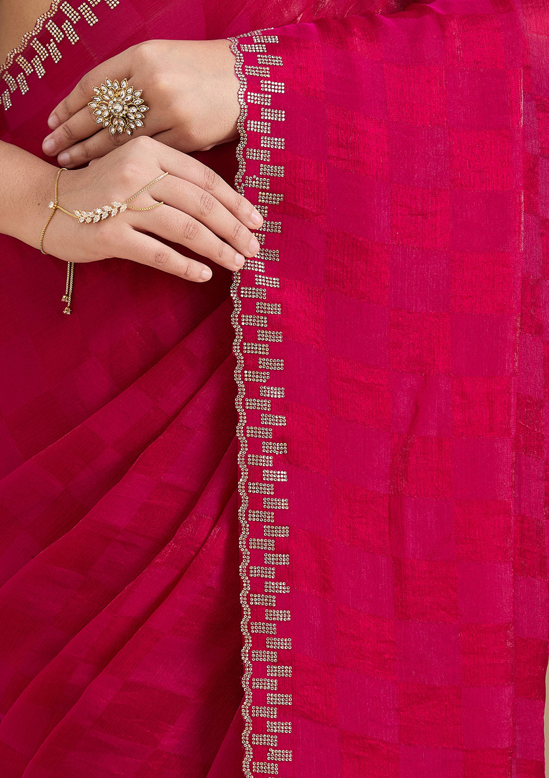 Magenta Pink Tissue Gold Stonework Saree With Matching Blouse Piece
