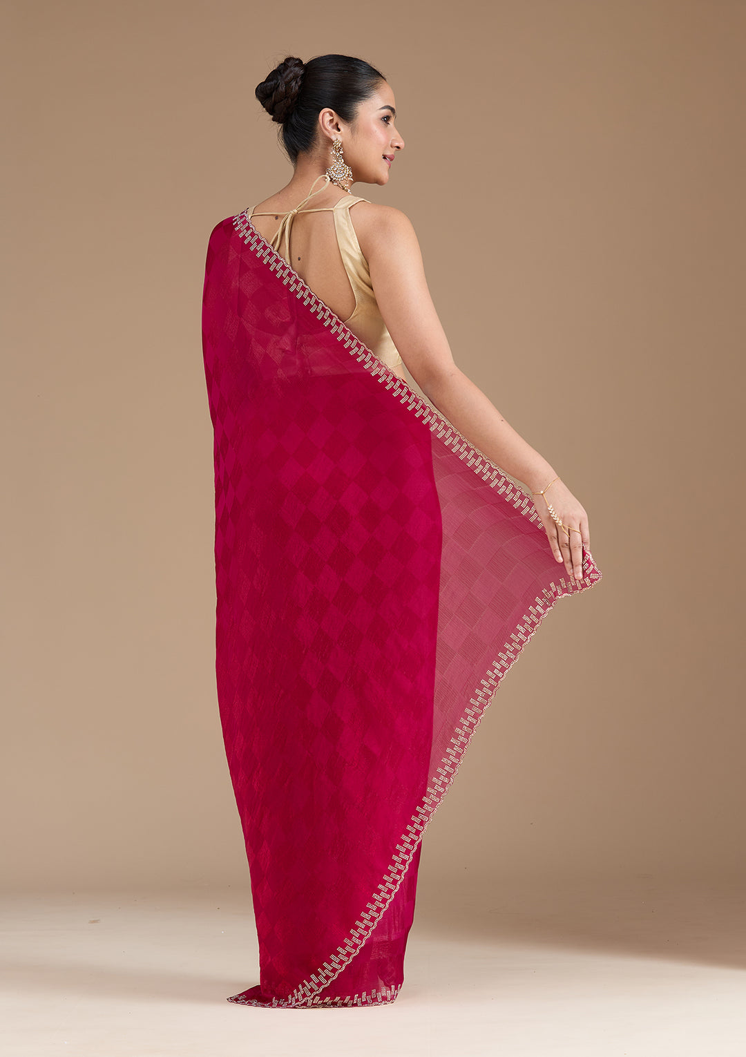 Magenta Pink Tissue Gold Stonework Saree With Matching Blouse Piece
