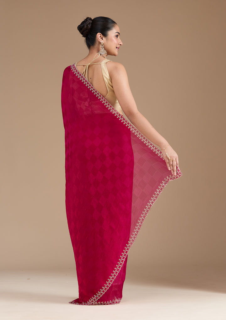 Magenta Pink Tissue Gold Stonework Saree With Matching Blouse Piece