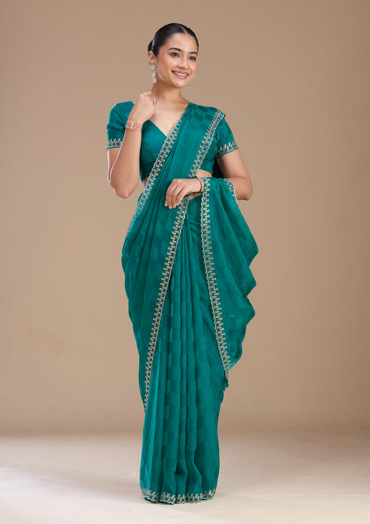 Rama Green Tissue Gold Stonework Saree With Matching Blouse Piece