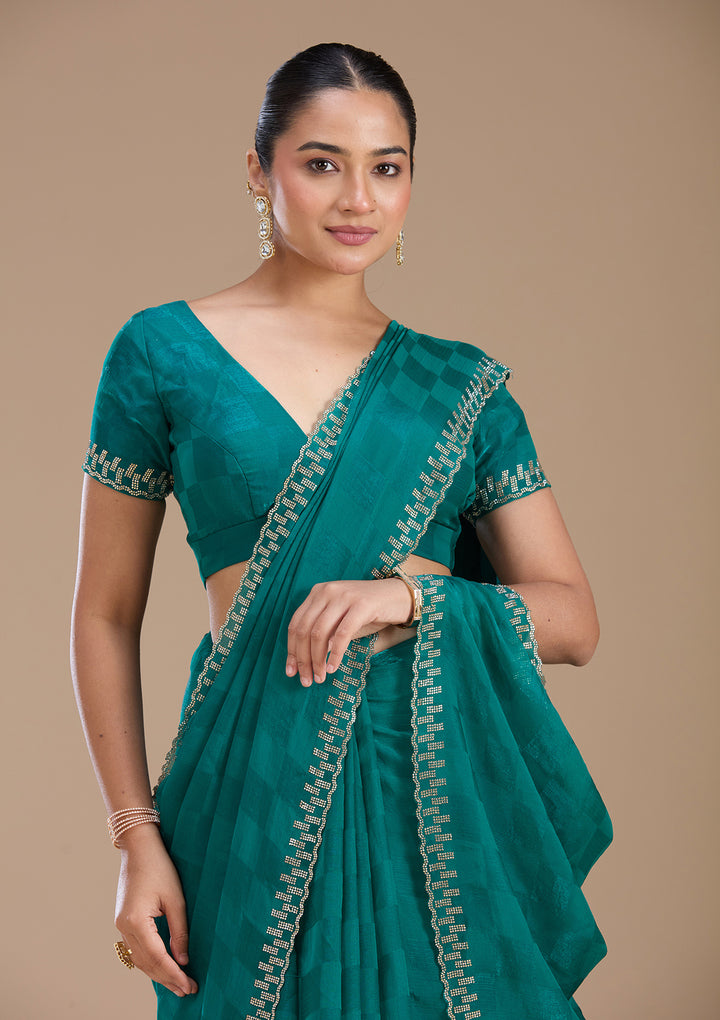 Rama Green Tissue Gold Stonework Saree With Matching Blouse Piece
