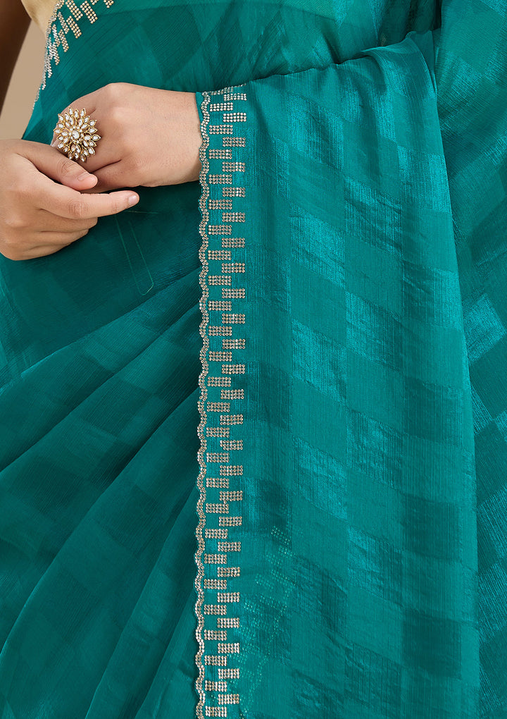 Rama Green Tissue Gold Stonework Saree With Matching Blouse Piece