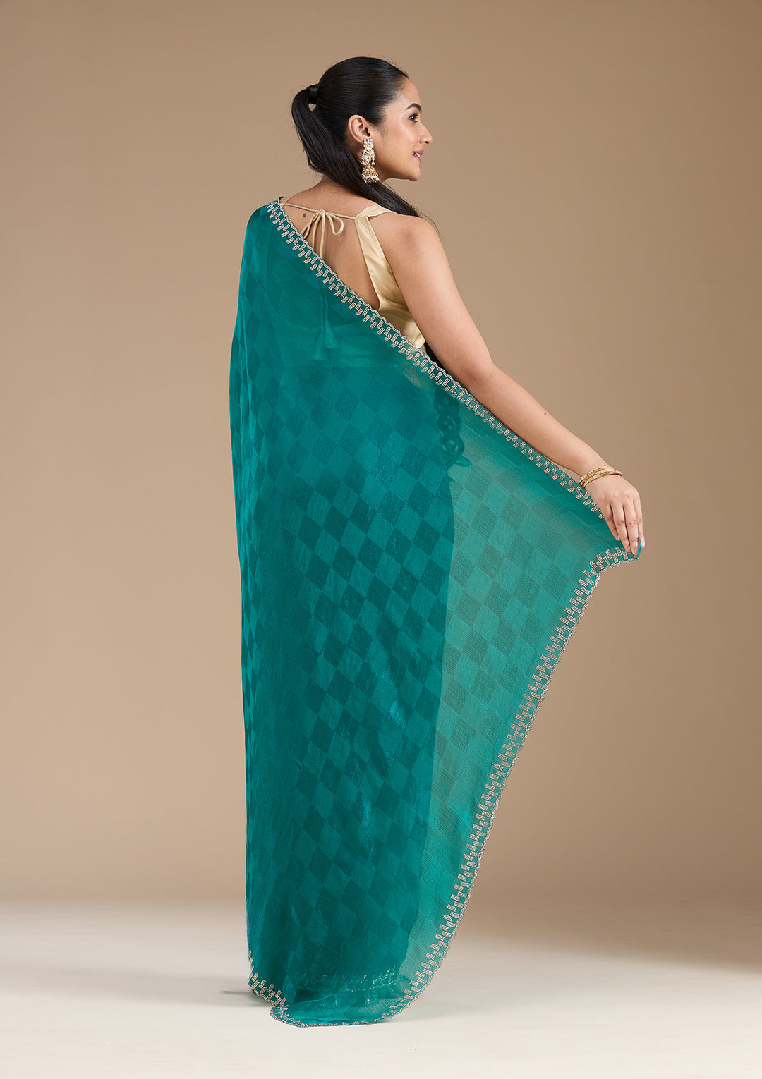 Rama Green Tissue Gold Stonework Saree With Matching Blouse Piece