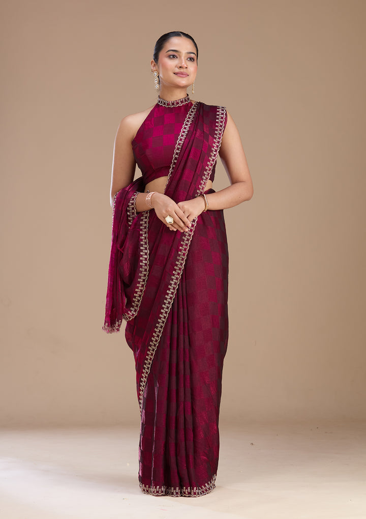 Wine Tissue Gold Stonework Saree With Matching Blouse Piece