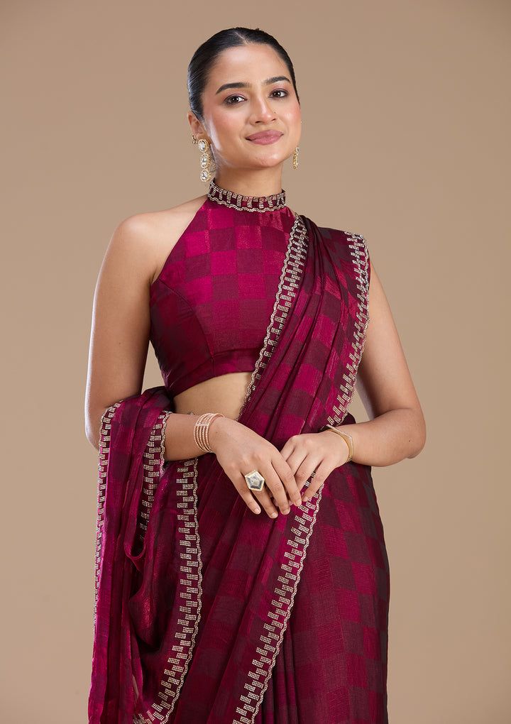 Wine Tissue Gold Stonework Saree With Matching Blouse Piece