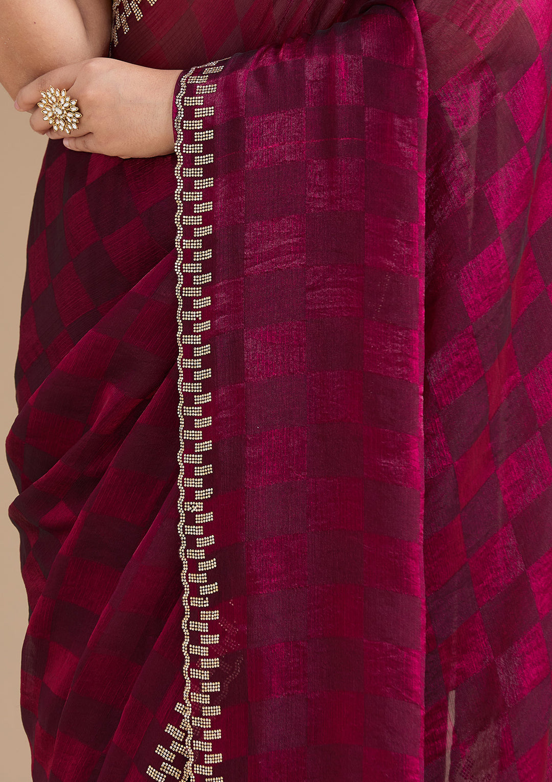 Wine Tissue Gold Stonework Saree With Matching Blouse Piece