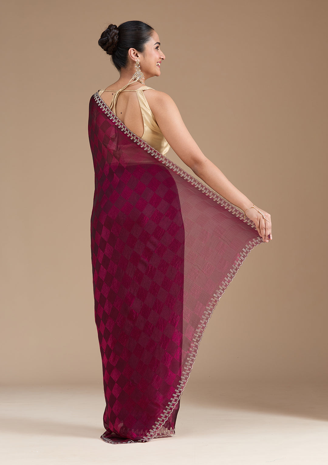 Wine Tissue Gold Stonework Saree With Matching Blouse Piece